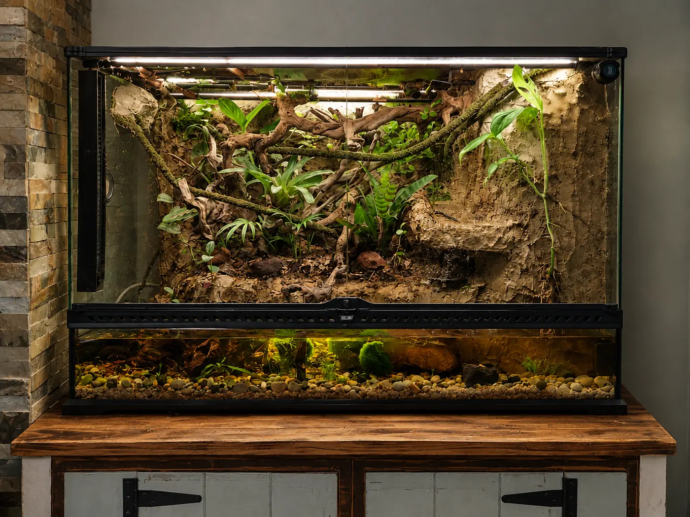BioMekka living paludarium showing the land habitat and water section